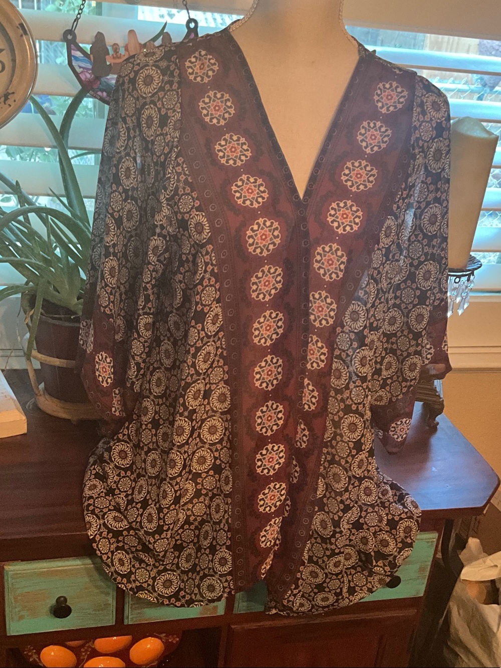 Lavish Burgundy and Navy Floral Open Coverup Tunic